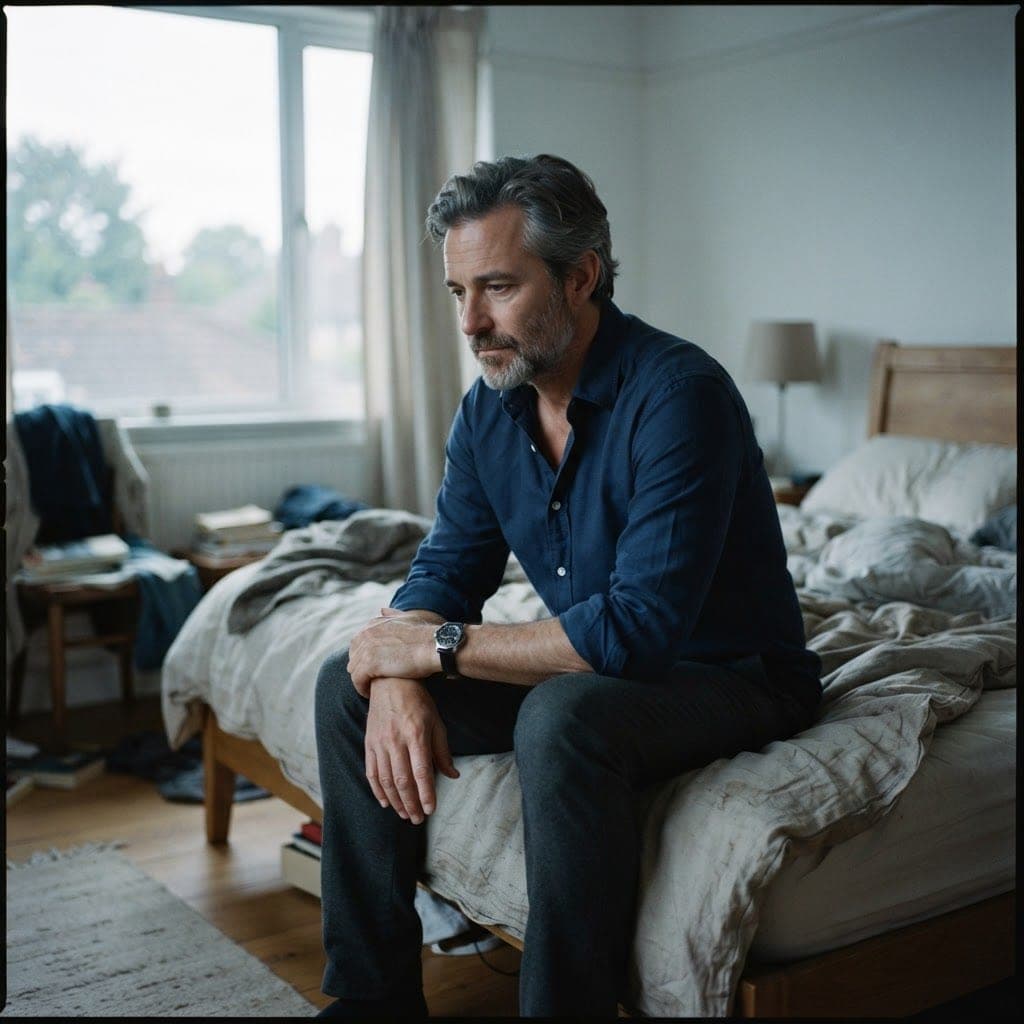 A man in his early fifties in an open-collar shirt sits alone on the edge of an unmade bed in early morning light, elbows on his knees, looking down and away in thought