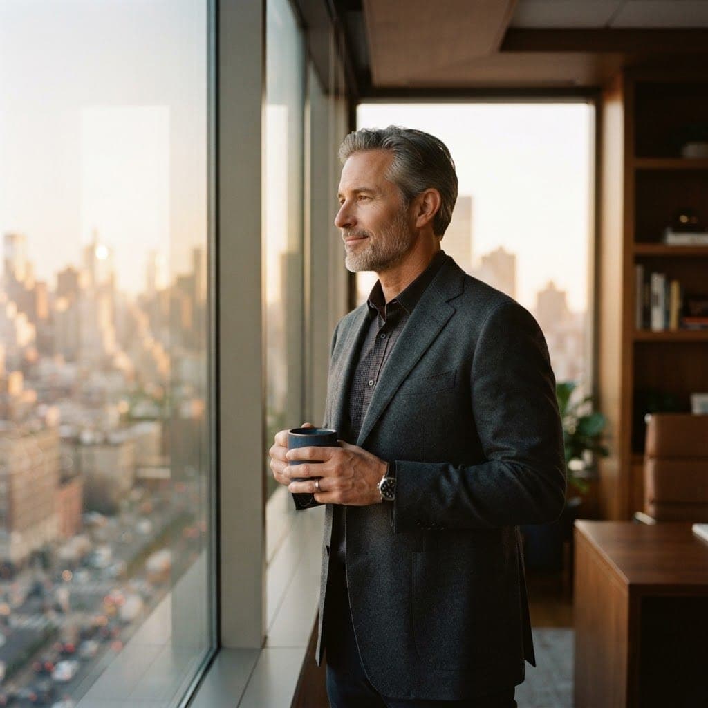 A composed professional standing at his office window at dawn with a cup of coffee, looking out thoughtfully