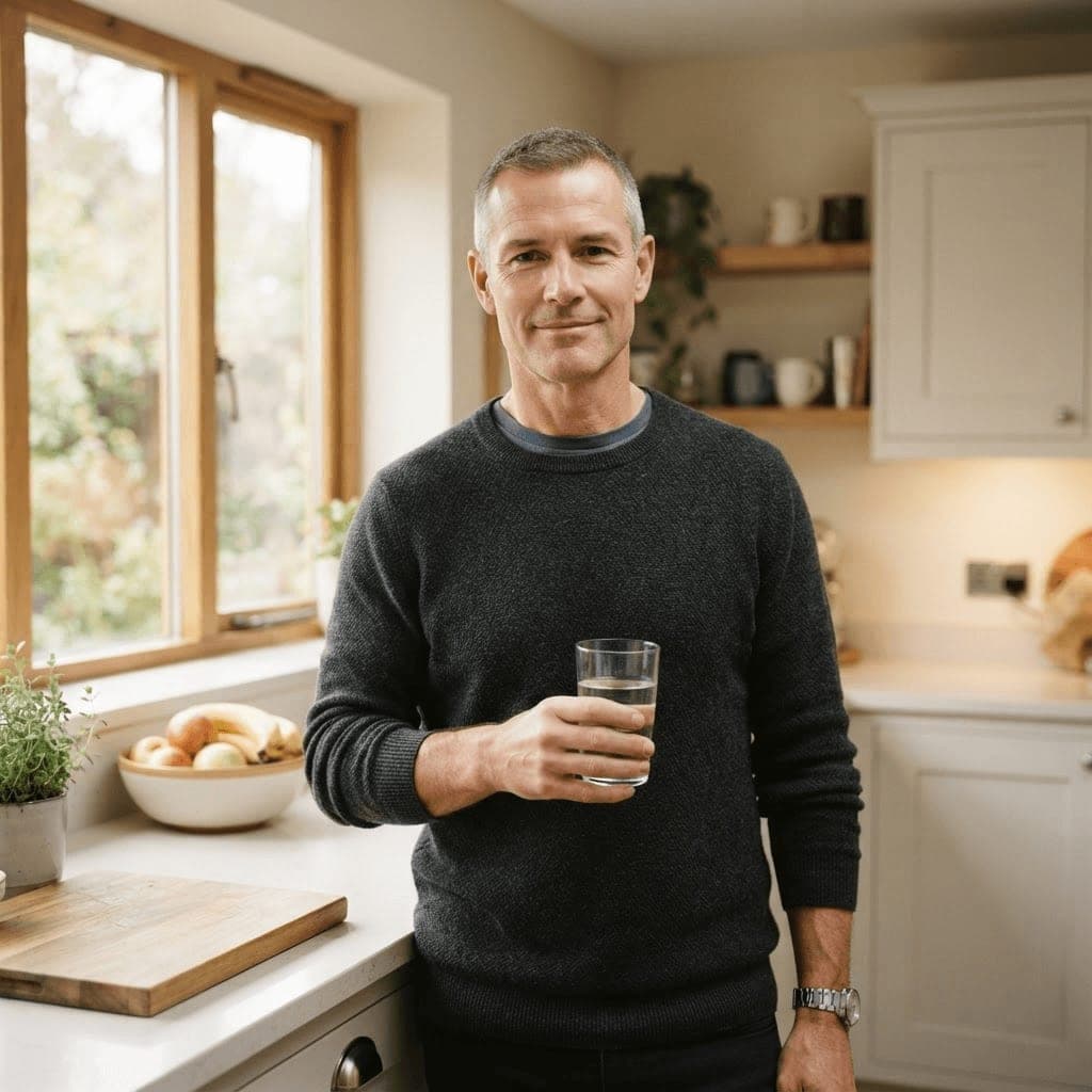 A rested, clear-skinned man holding a glass of water in a bright kitchen after retiring from alcohol, with no facial redness or puffiness