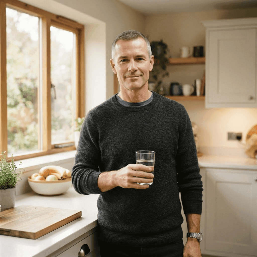 A rested, clear-skinned man holding a glass of water in a bright kitchen after retiring from alcohol, with no facial redness or puffiness