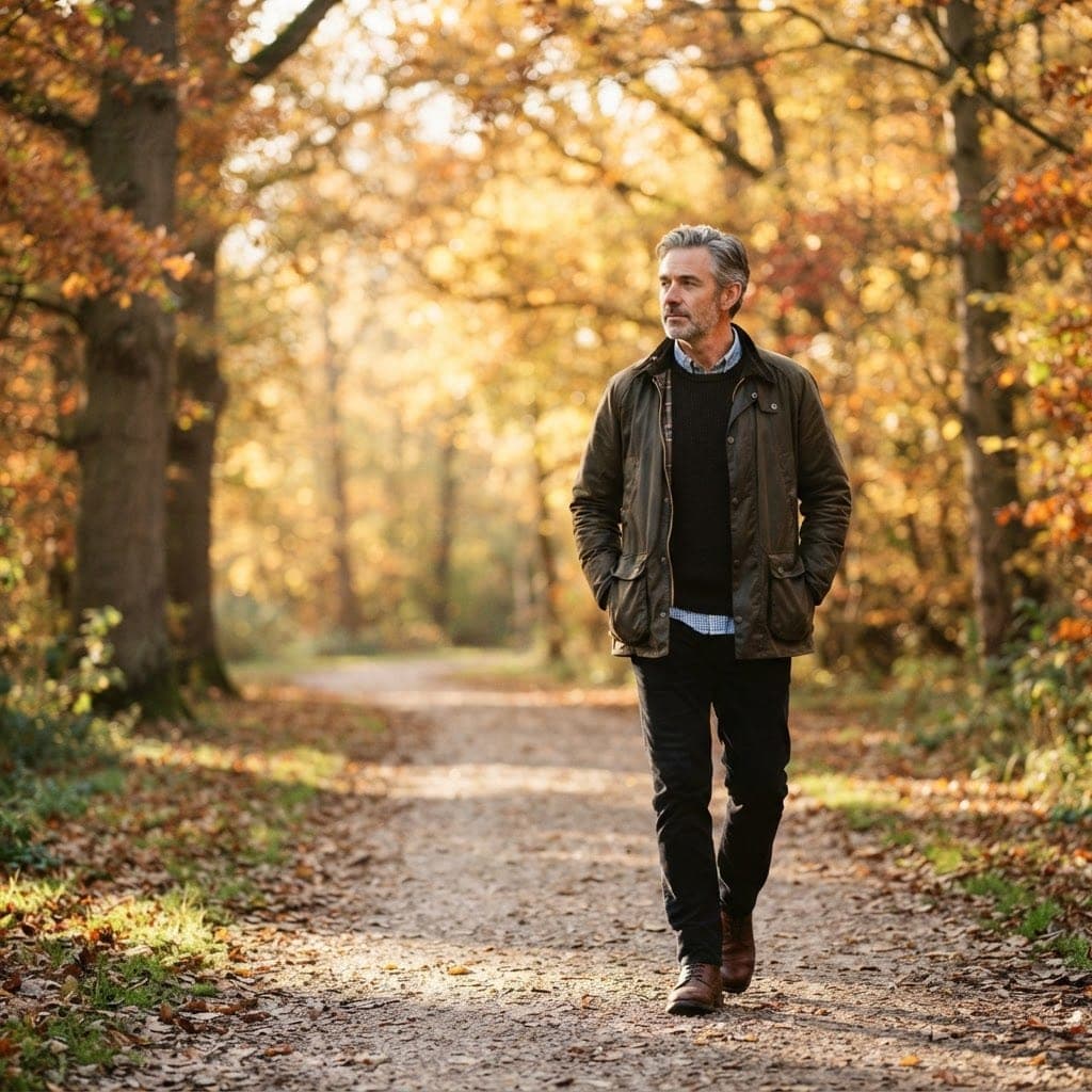 A man walking alone along a quiet tree-lined path in morning light