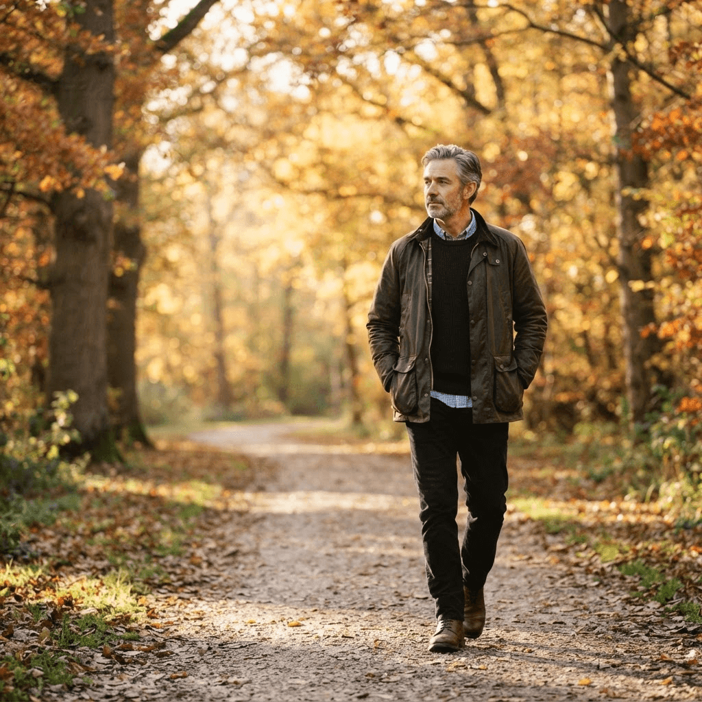 A man walking alone along a quiet tree-lined path in morning light