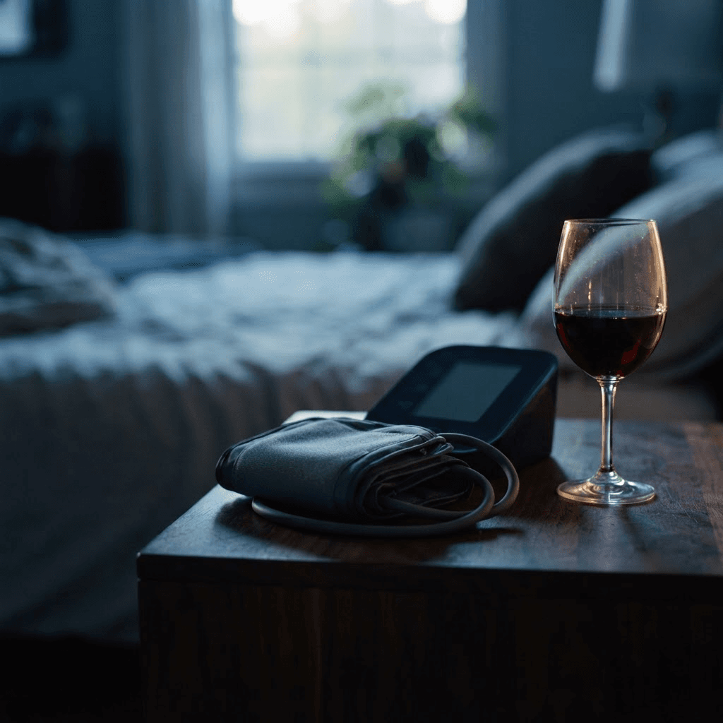 A home blood pressure monitor cuff on a dark wood nightstand beside a half-full glass of red wine in early morning light