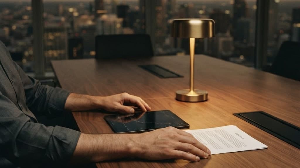 A single executive's hands resting on printed documents and a glowing tablet at a long boardroom conference table at dusk, a city skyline visible through floor-to-ceiling windows in warm amber light
