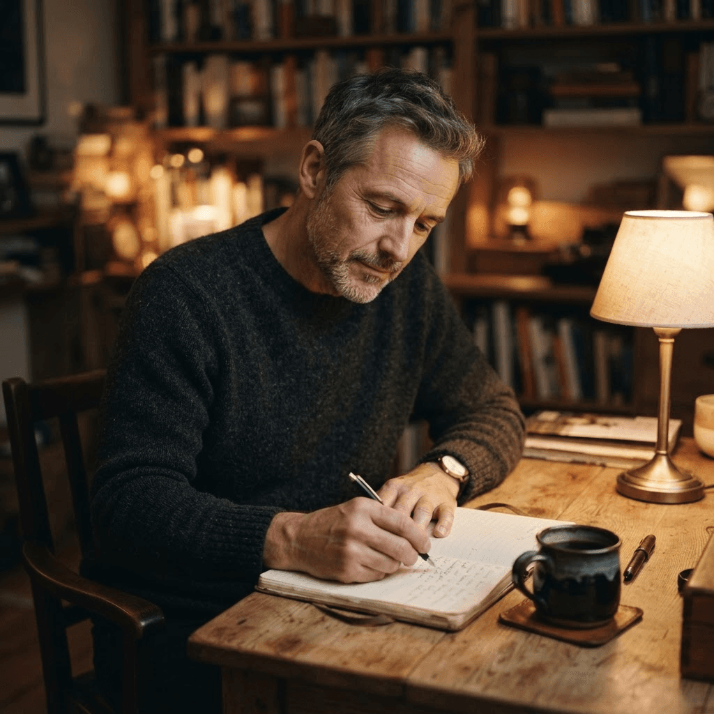 A man writing in a notebook at his home desk with a cup of coffee