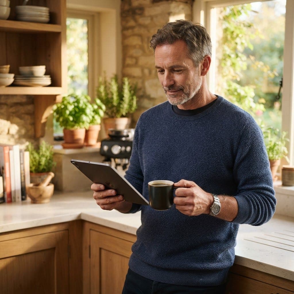 A calm man holding coffee and reading at his kitchen counter in morning sunlight