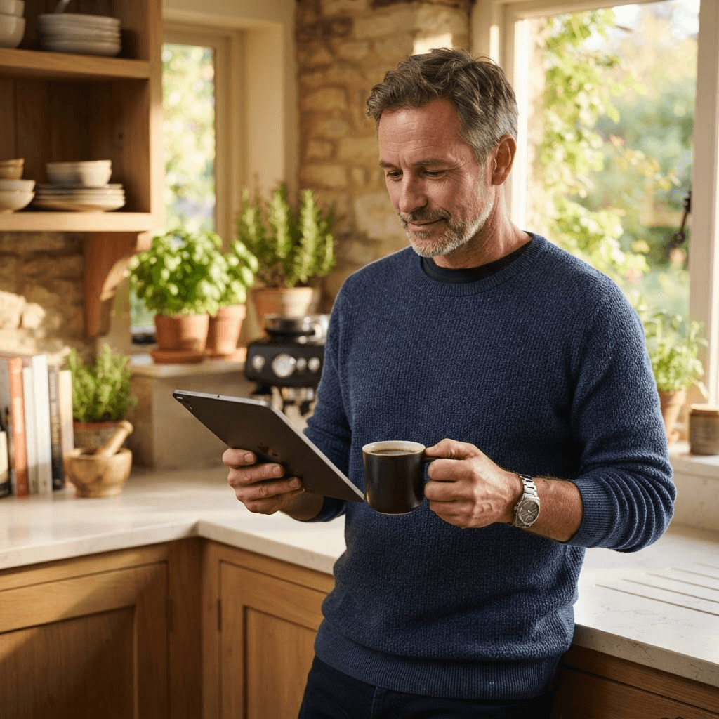 A calm man holding coffee and reading at his kitchen counter in morning sunlight