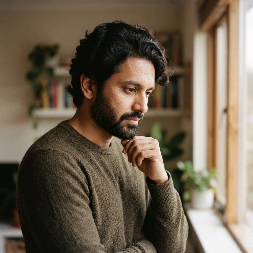 A reflective portrait of a man beside a window in soft light