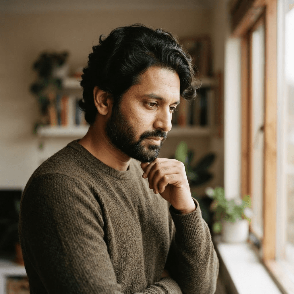 A reflective portrait of a man beside a window in soft light
