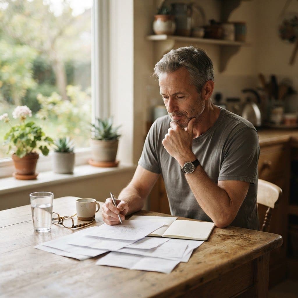 A lean, healthy man reviewing paperwork with a glass of water at his kitchen table