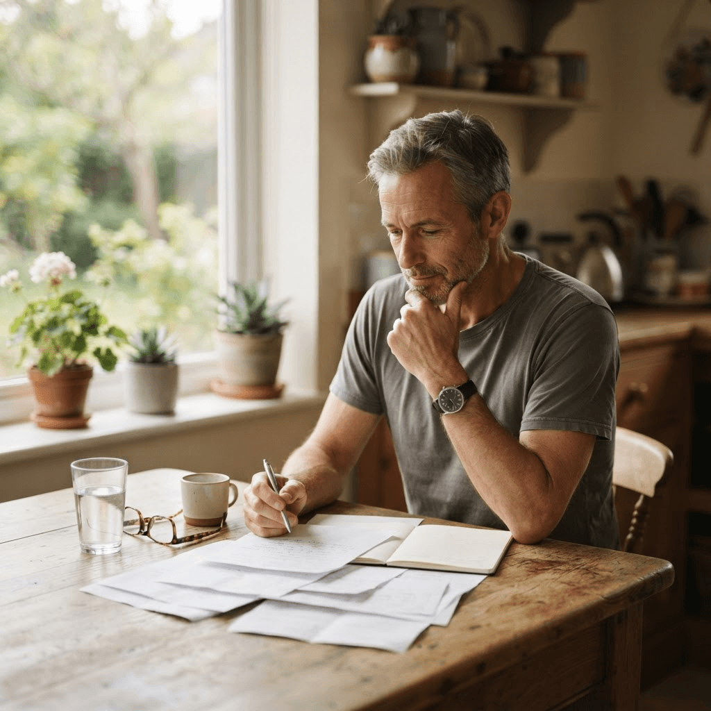 A lean, healthy man reviewing paperwork with a glass of water at his kitchen table