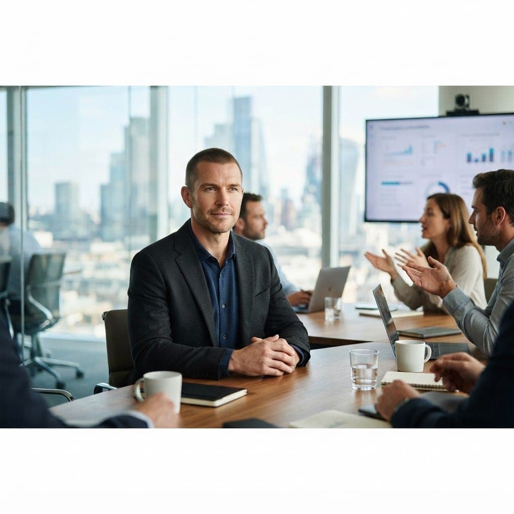A composed male professional sitting calmly and thinking before responding during an active high-rise conference room meeting