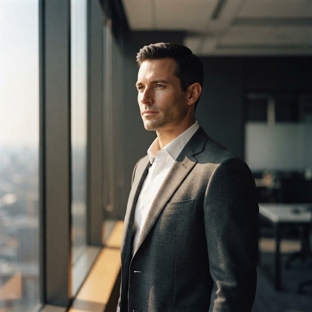 A man in his early 40s in a charcoal suit and open-collar white shirt standing at a floor-to-ceiling office window in warm morning light, looking out with a calm, focused expression