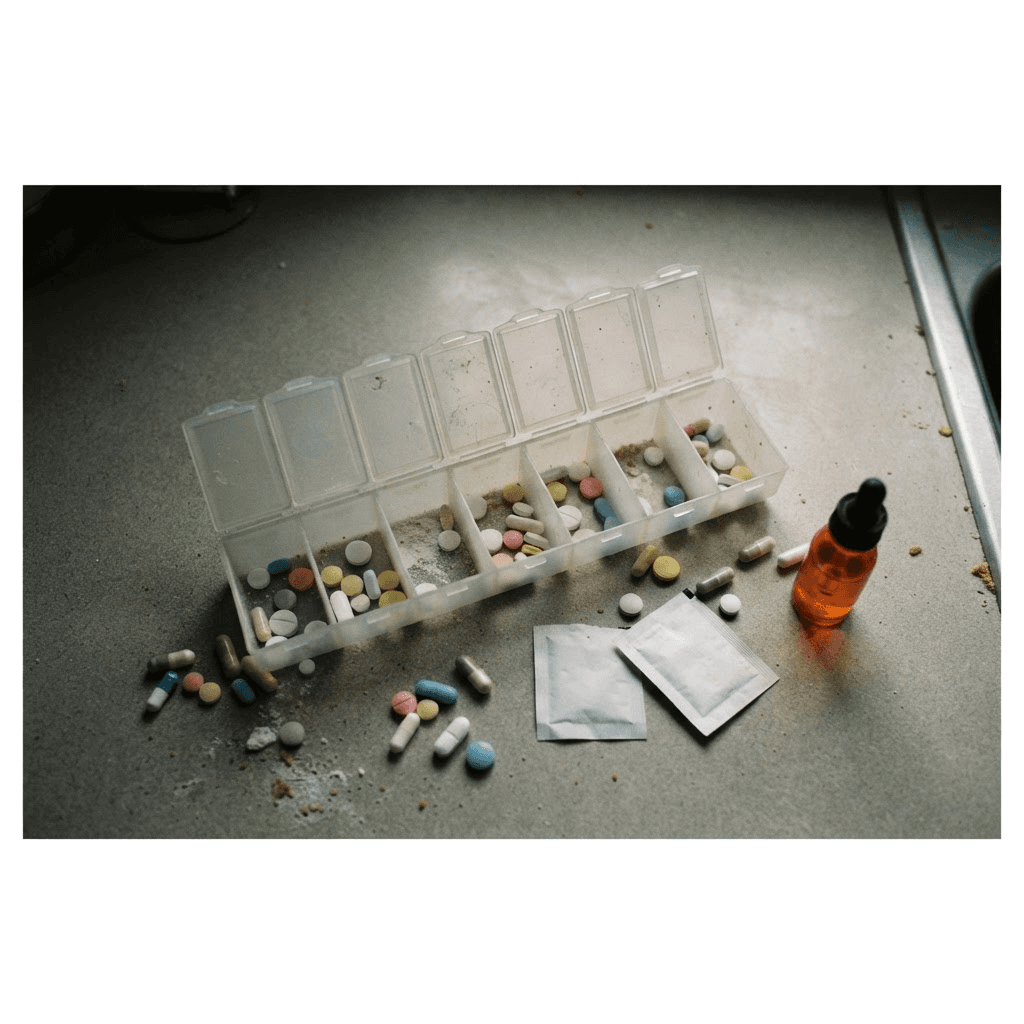 Overhead flat-lay of an open segmented weekly pill organizer on a plain countertop, with loose pills, capsules, and powder packets scattered around it in muted, clinical light