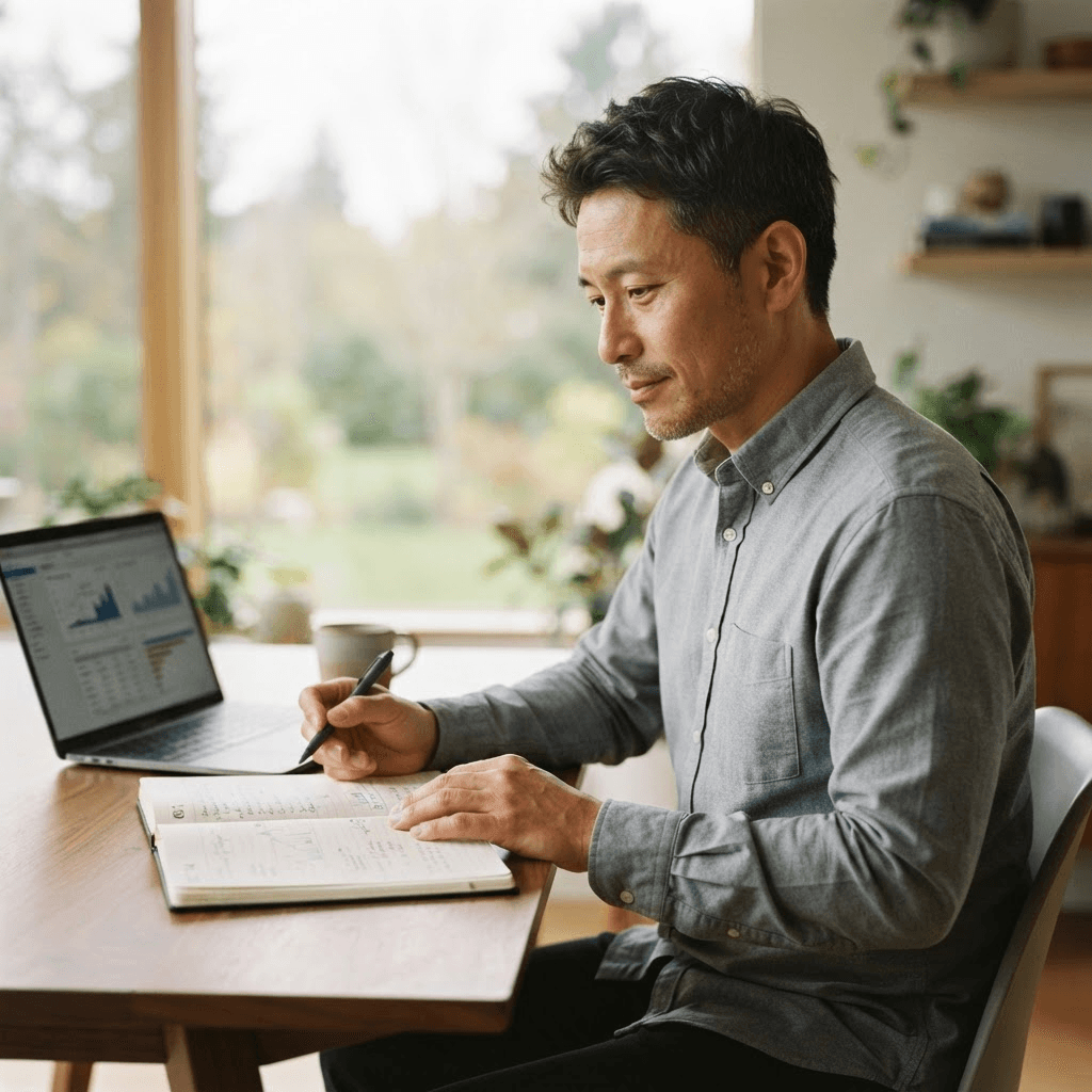 A focused executive reviewing strategy notes at his office desk in daylight
