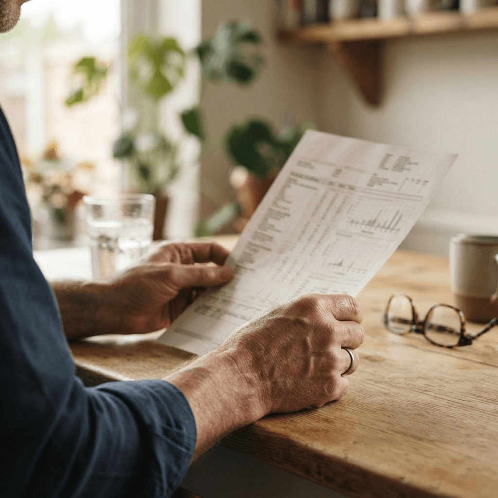 Close-up of a man's hands holding a lab-results printout at a kitchen table
