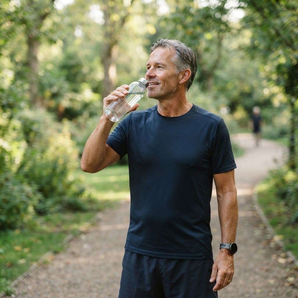A fit man drinking water after a morning walk in a green park