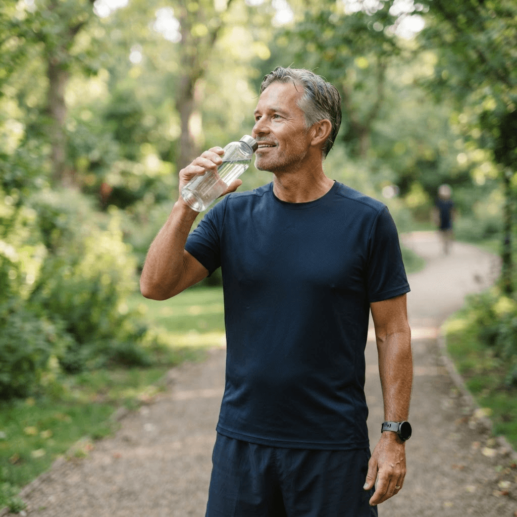 A fit man drinking water after a morning walk in a green park