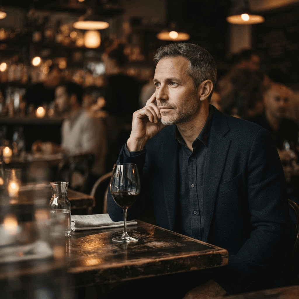A pensive man sitting alone with an untouched glass of red wine at a dim restaurant table