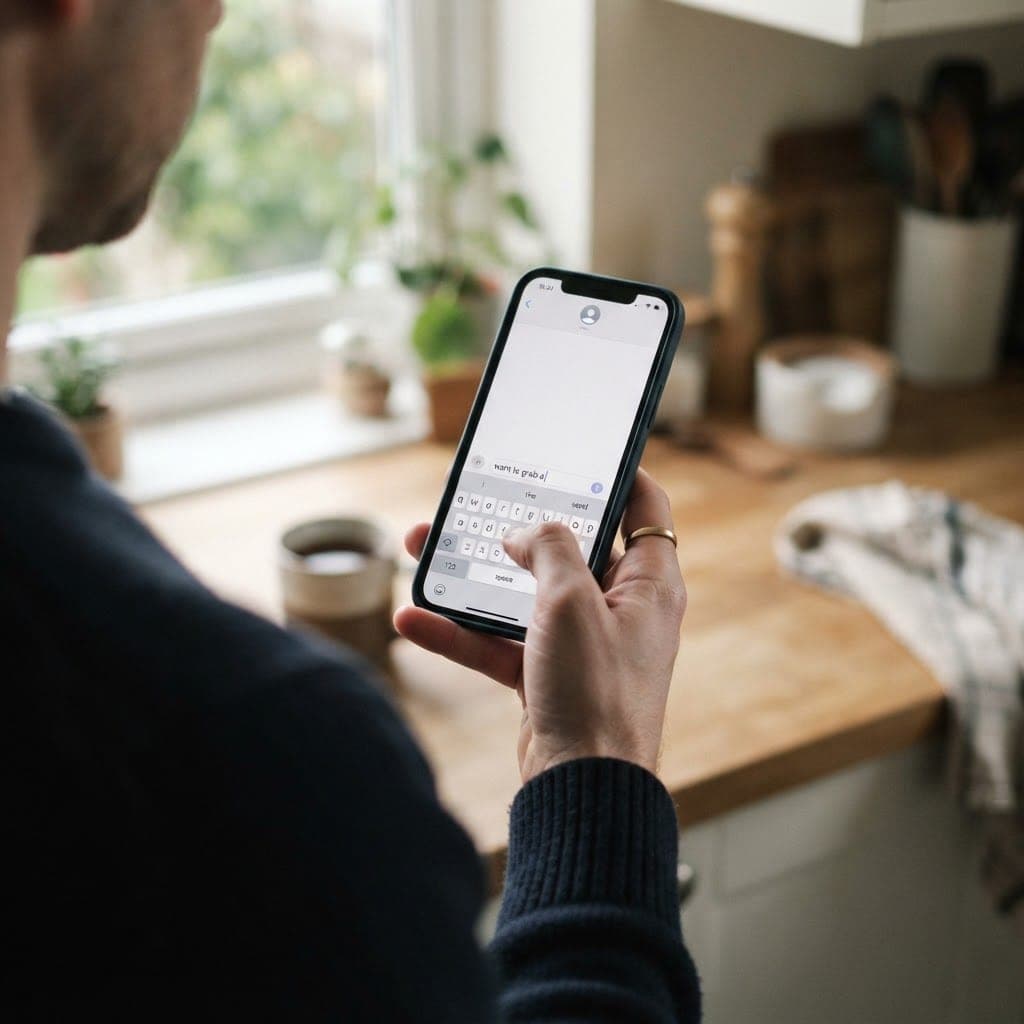 An over-the-shoulder view of a man holding a phone in a sunlit kitchen, thumb paused over a half-typed text message that reads "want to grab a"