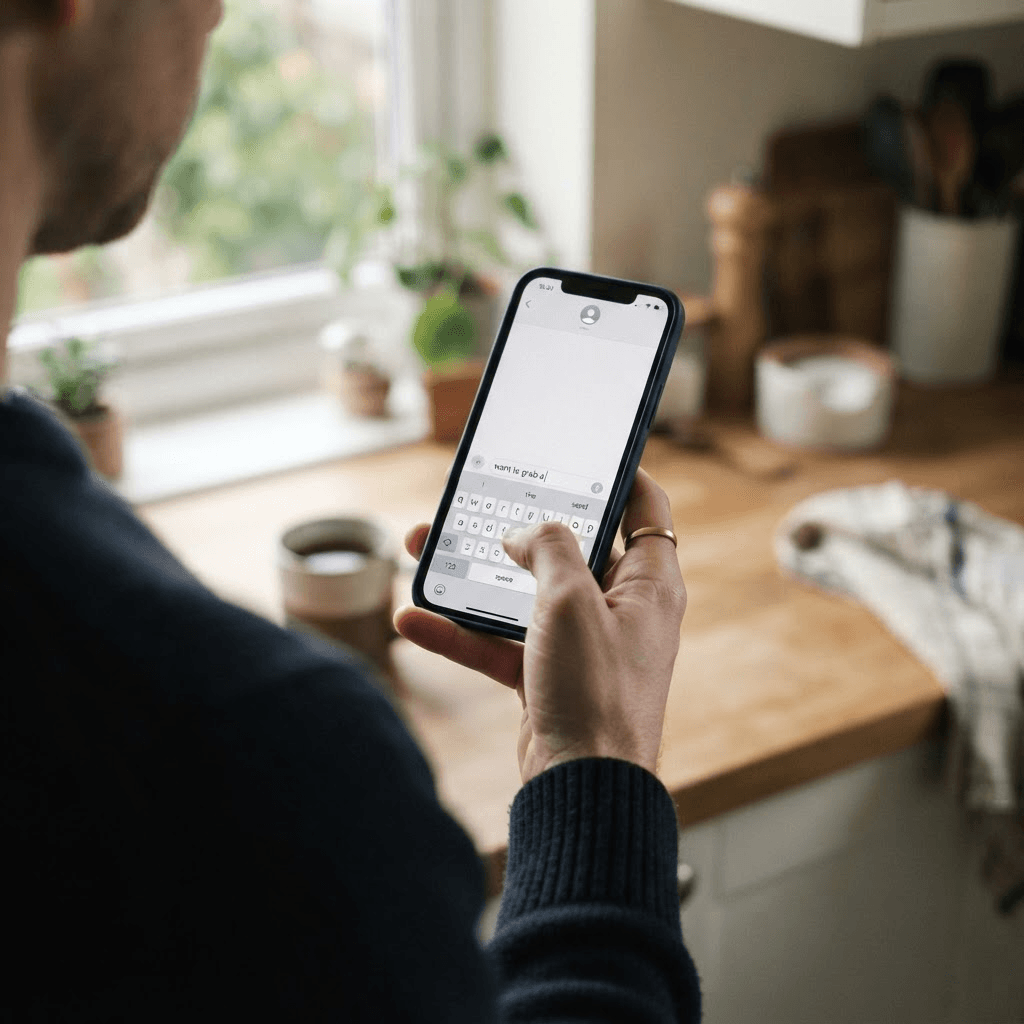 An over-the-shoulder view of a man holding a phone in a sunlit kitchen, thumb paused over a half-typed text message that reads "want to grab a"