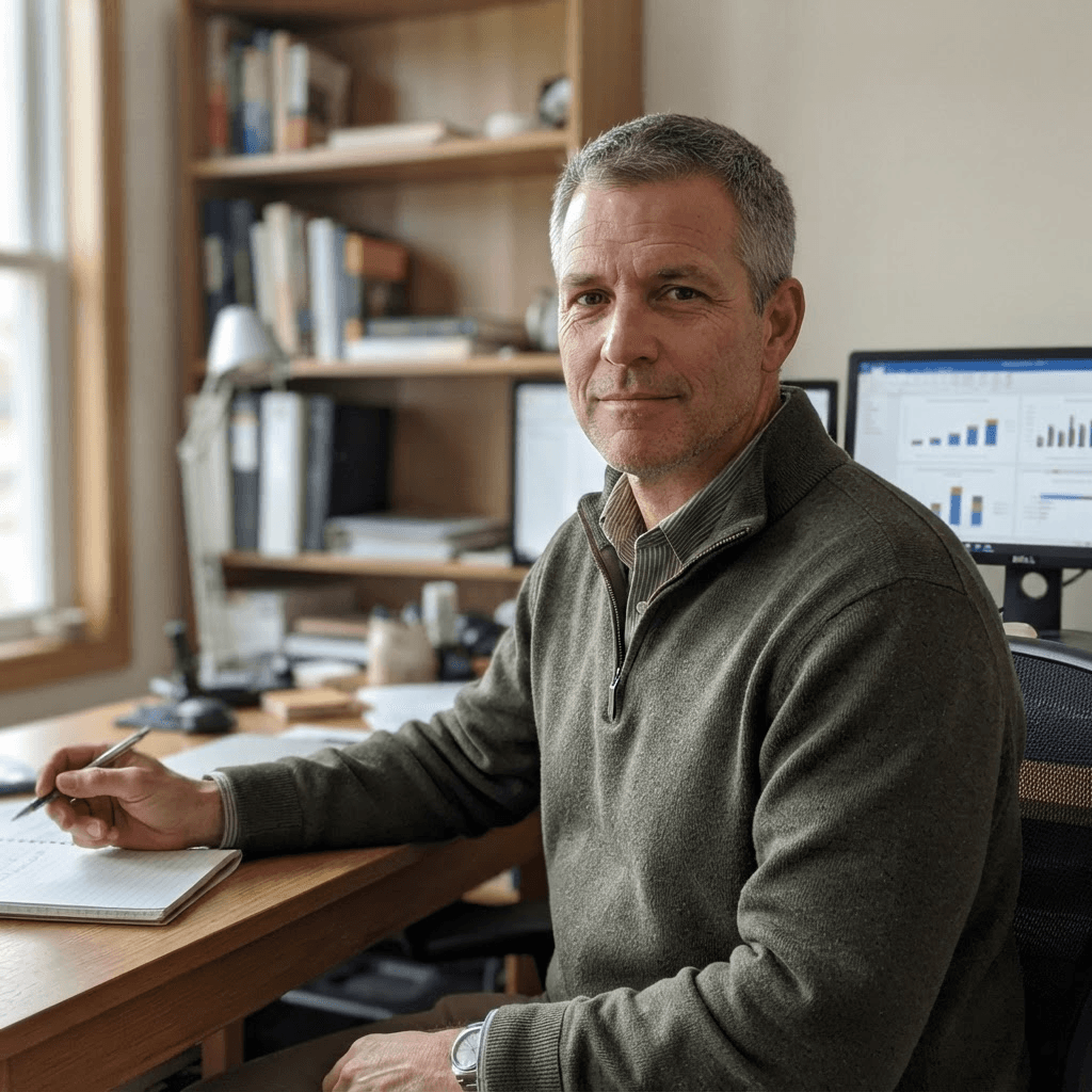 A clean-shaven man in his early fifties with short salt-and-pepper hair sitting at a home-office desk in natural window light, looking calmly toward the camera