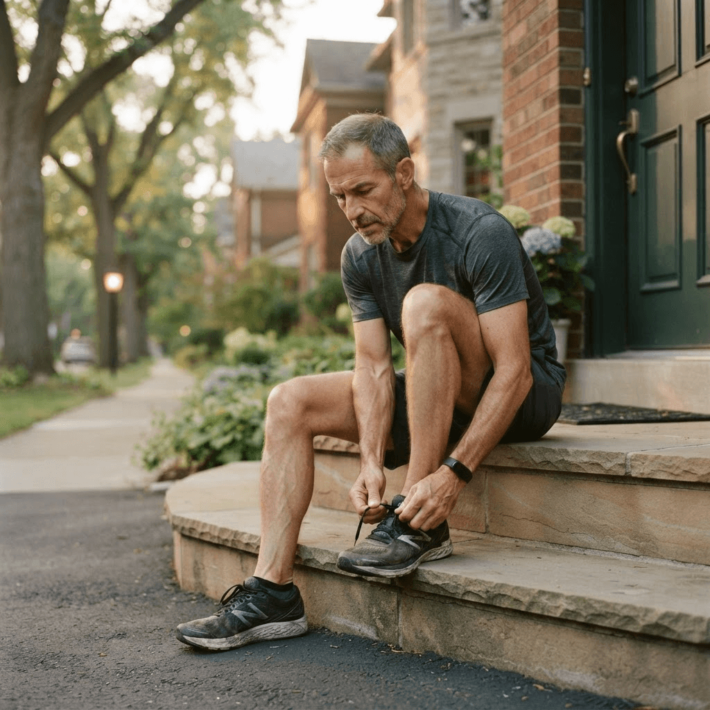 A man tying his running shoes on his front steps at dawn
