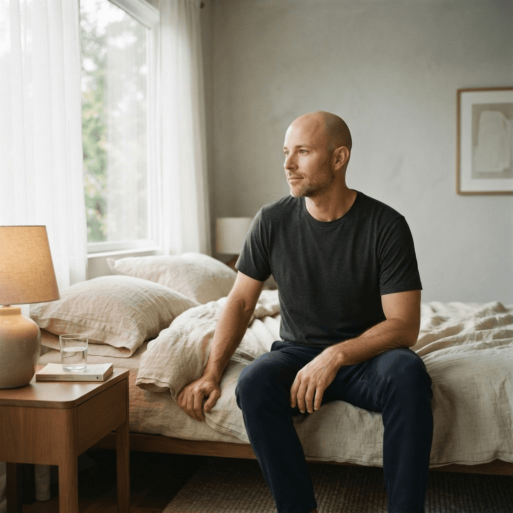 A man sitting on the edge of his bed in early morning light