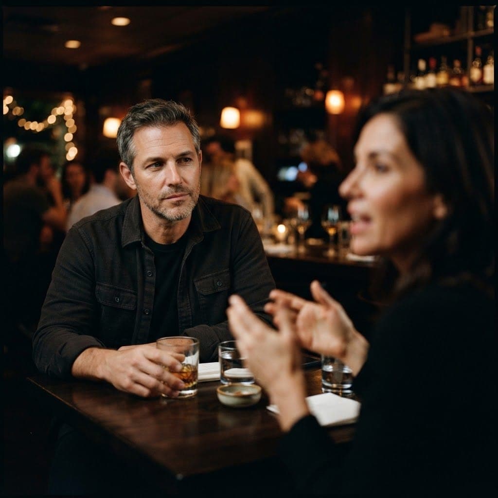 A man with a guarded, reflective expression holding a whiskey glass at a dimly lit bar as a companion speaks across the table