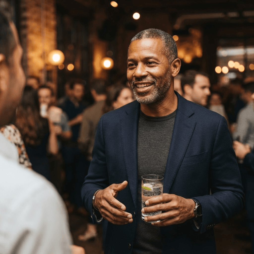 A man holding a glass of sparkling water and smiling during a work networking event