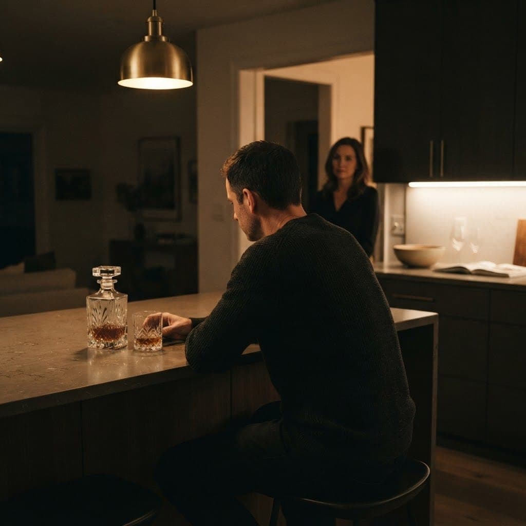 A man drinking alone at a kitchen island in the evening while his concerned partner watches quietly from the doorway