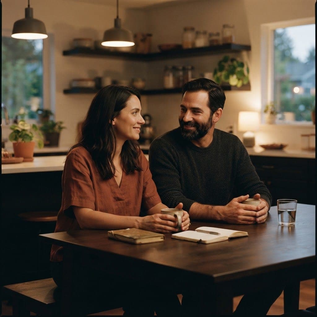 A man and his partner reconnecting at the kitchen table after he chose to retire from alcohol
