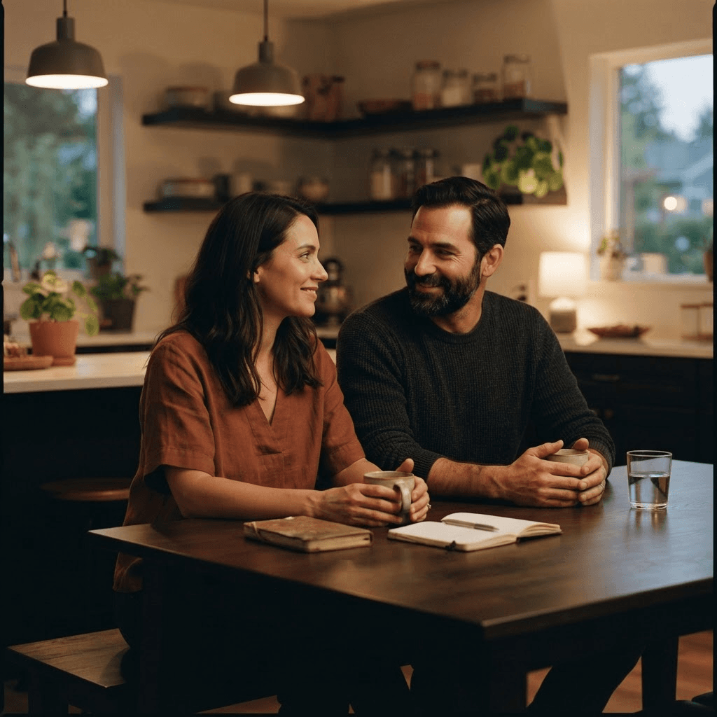 A man and his partner sitting together at a kitchen table in warm light, in a more open and connected moment