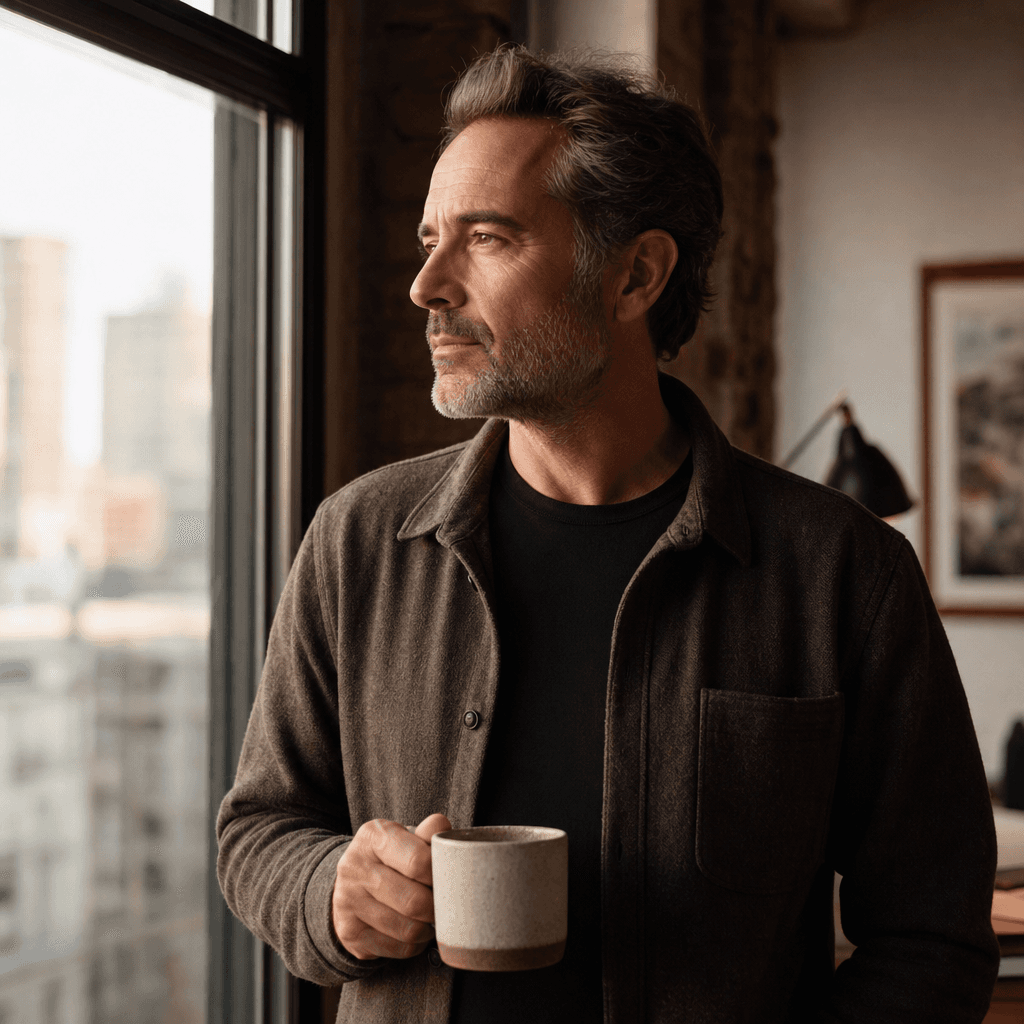 A composed professional standing in warm morning light with a cup of coffee