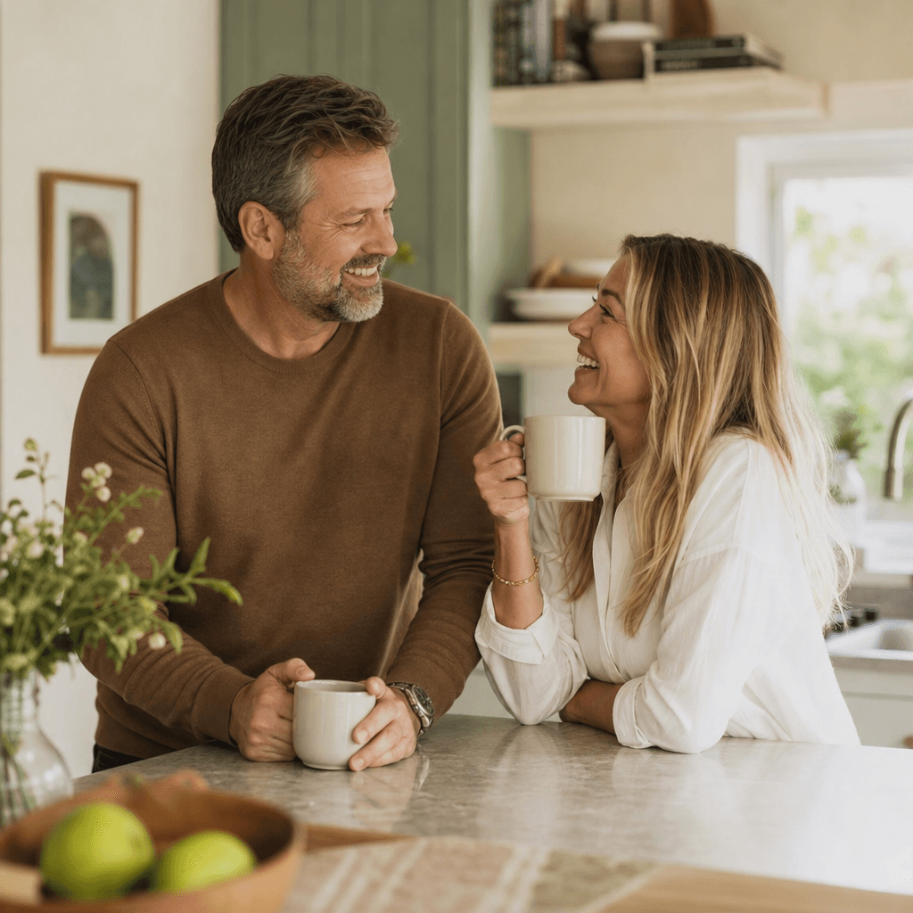 A man laughing with his wife over coffee in a sunlit kitchen