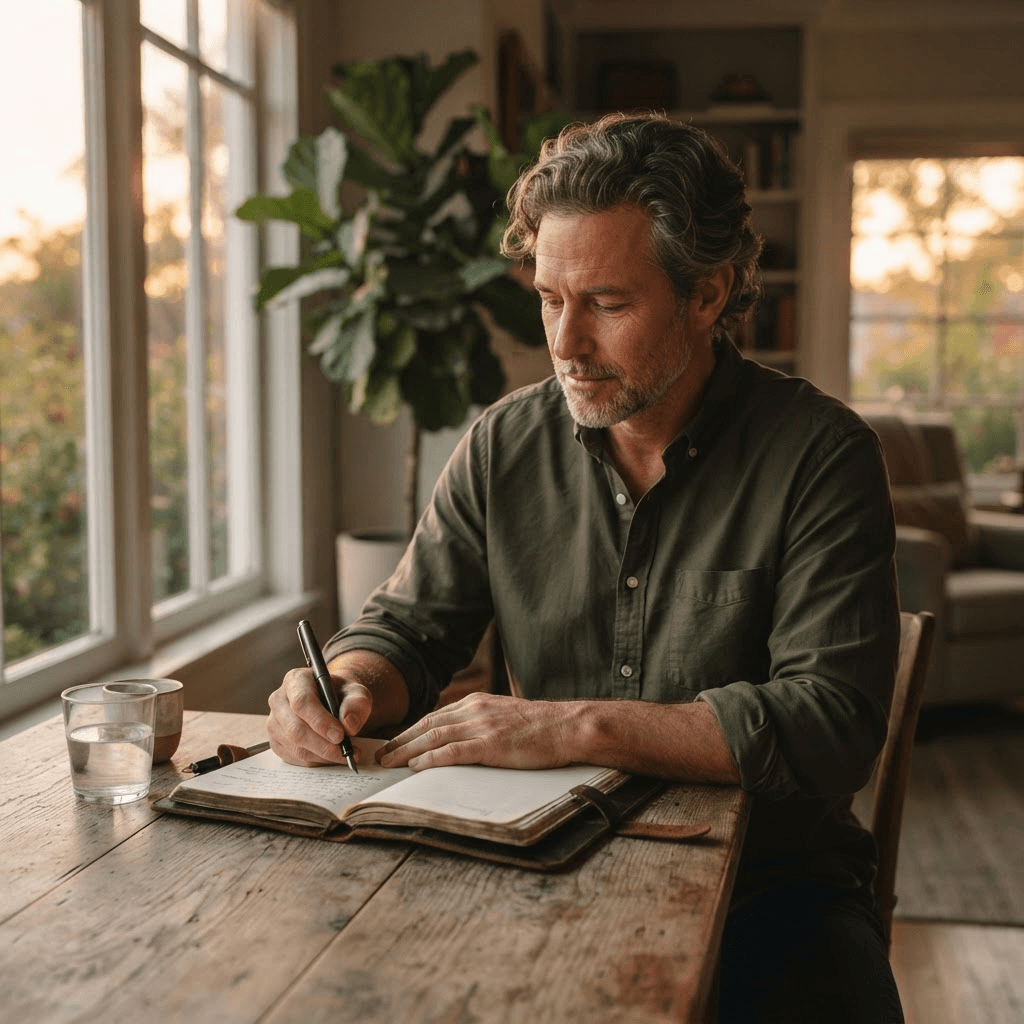 A man journaling quietly at a wooden table in soft morning light