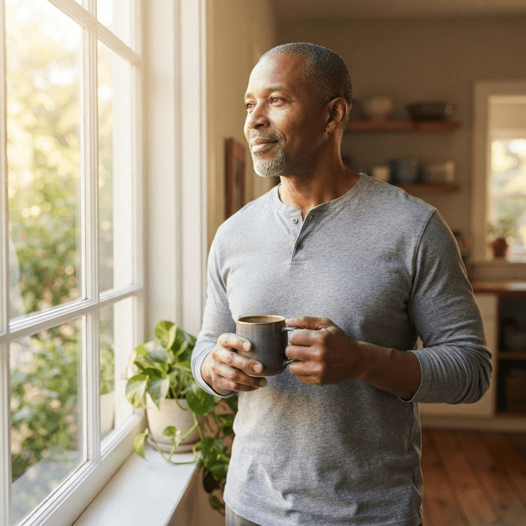 A man standing by a sunlit window with a cup of coffee in the morning
