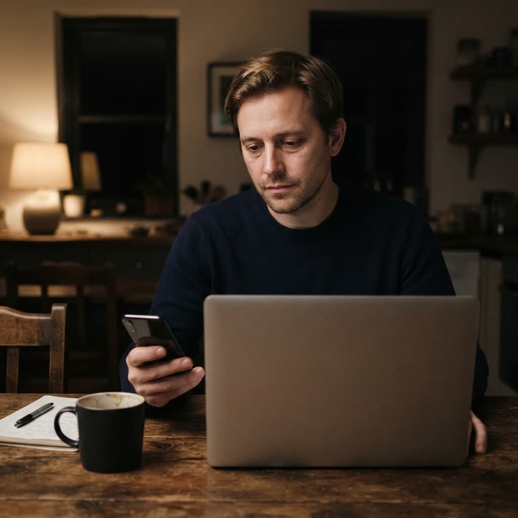 A man in his 40s working alone at a kitchen table late at night, lit by a single lamp, checking his phone beside an open laptop