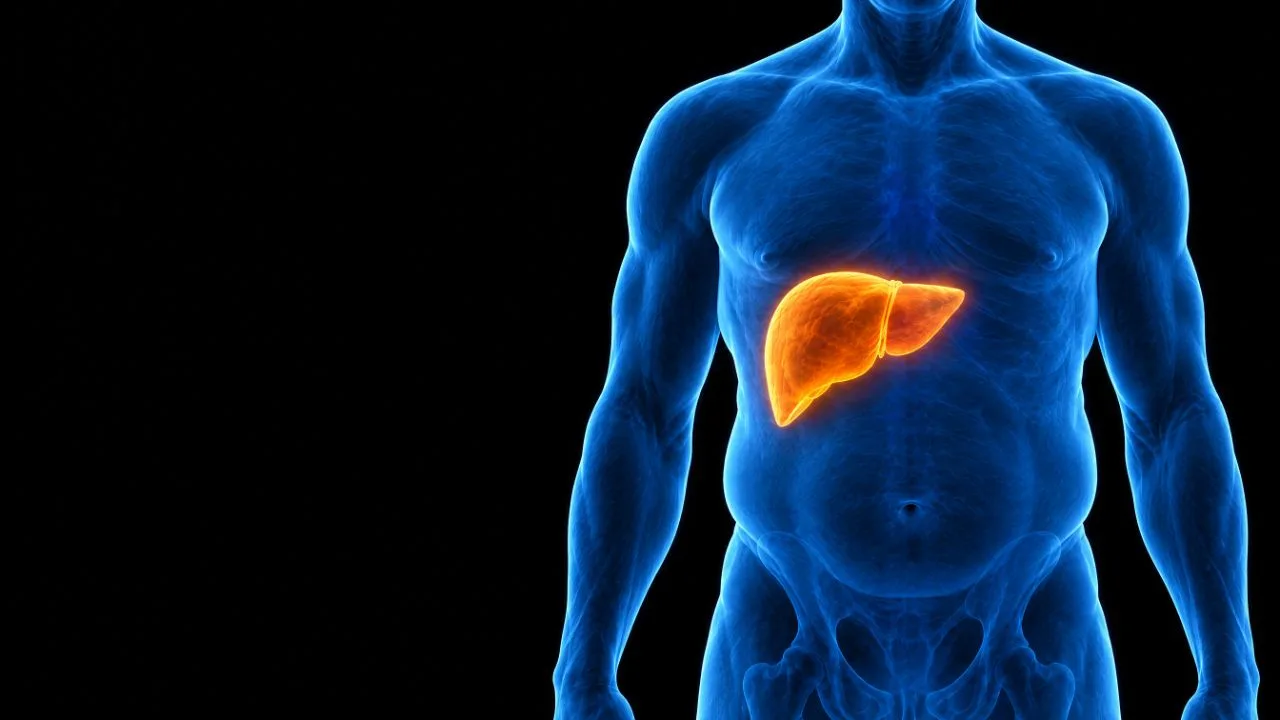 Translucent illustration of a middle-aged man's torso with the liver highlighted in amber