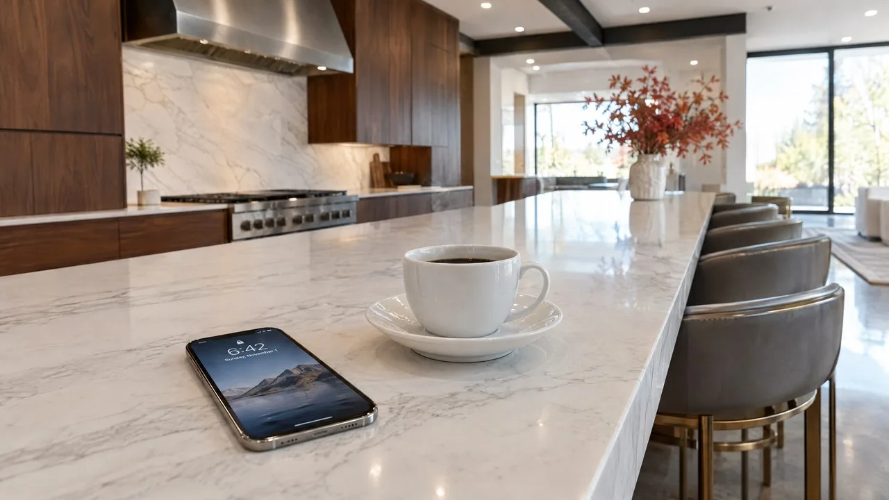A smartphone lock screen showing Sunday, November 1 next to a steaming cup of black coffee on a white marble island in a modern walnut and marble kitchen