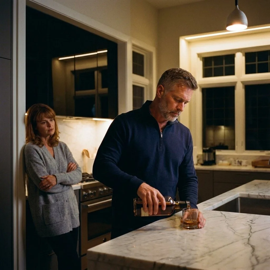A man pouring a drink alone at a kitchen island in the evening while his concerned wife watches quietly from the doorway