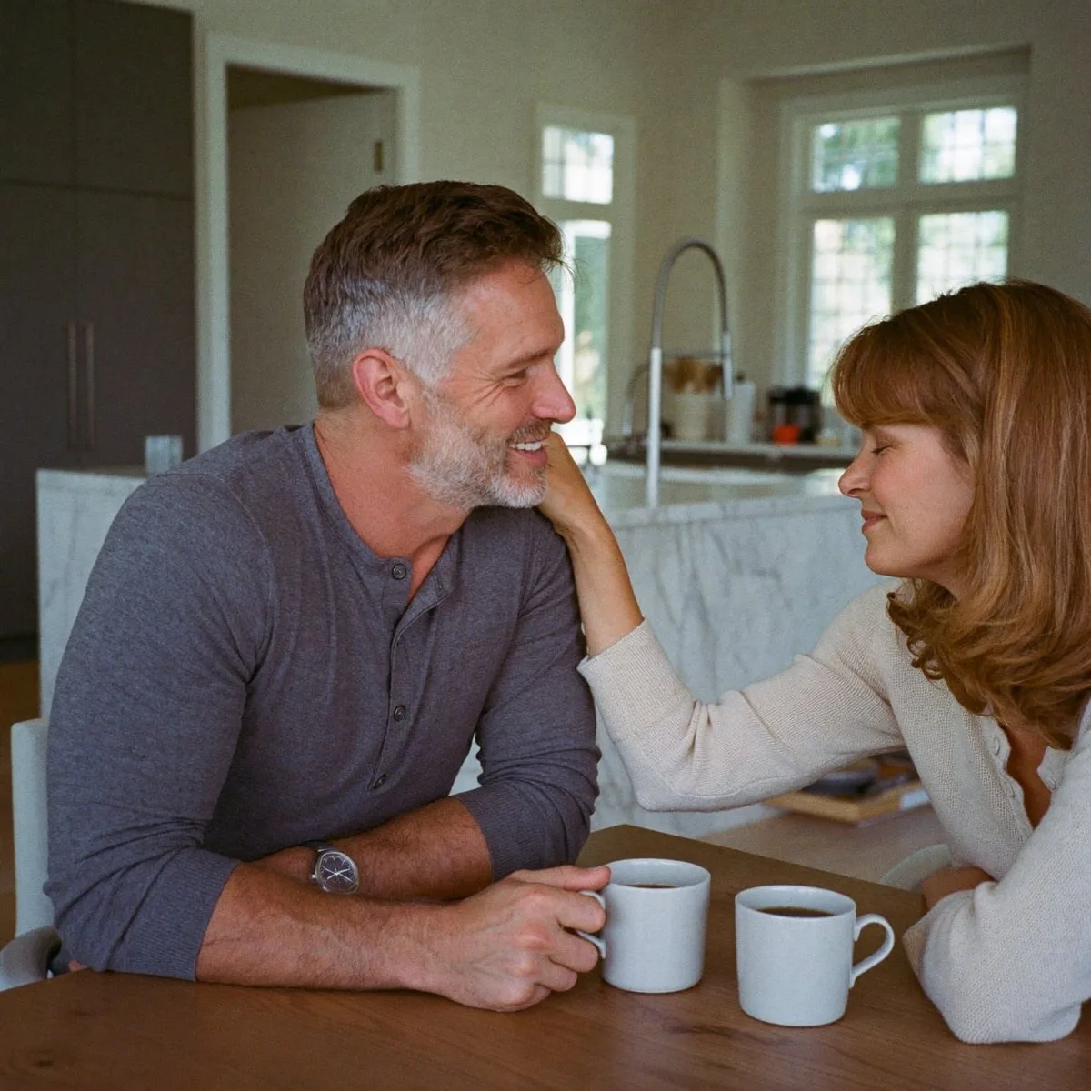 A man and his wife reconnecting over morning coffee at the kitchen table after he chose to retire from alcohol