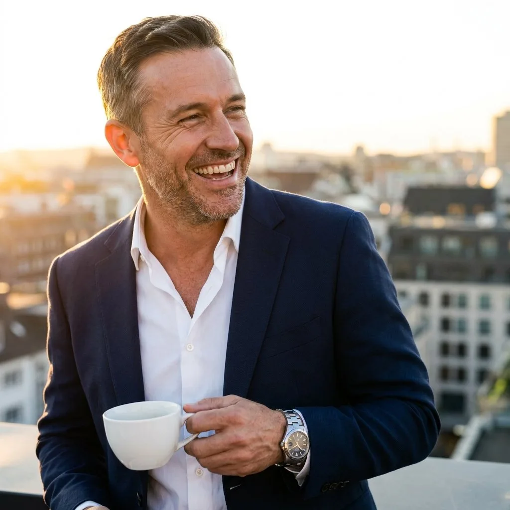 A professional in his late 40s laughing on a rooftop at golden hour with a cup of coffee, clear-headed after retiring from alcohol