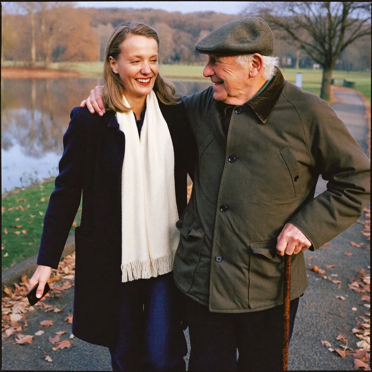 A woman walking arm in arm with her elderly father along a lakeside path in autumn, making the most of family time alcohol-free