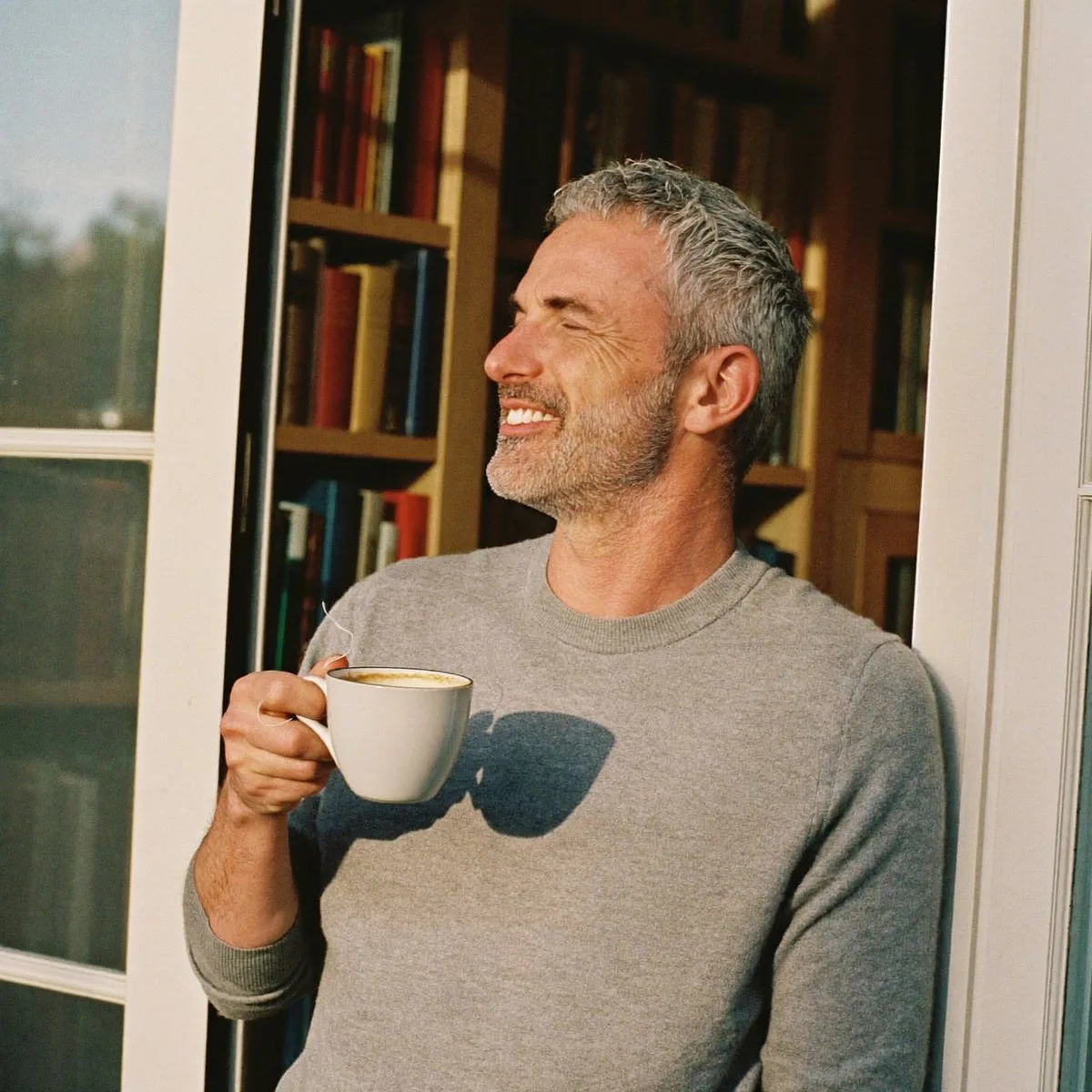 A man in his 50s smiling by a sunlit window with his morning coffee, clear-headed after retiring from alcohol