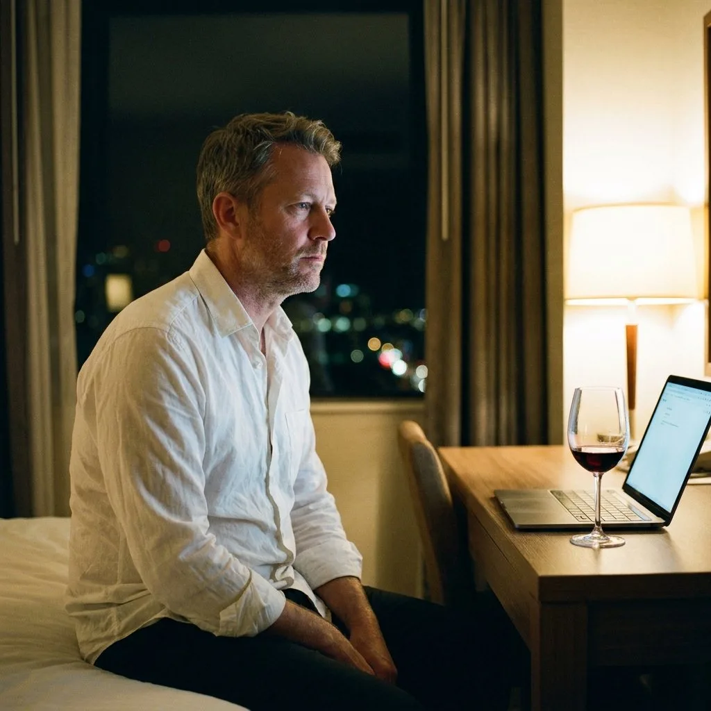 A man in his 40s sitting alone on the edge of a hotel bed at night on a work trip, laptop and a glass of red wine on the desk beside him