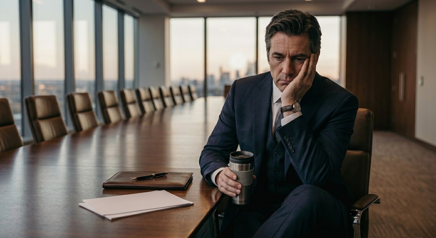 A senior executive sits alone at the head of a long boardroom table, holding a coffee, deep in thought at dawn.