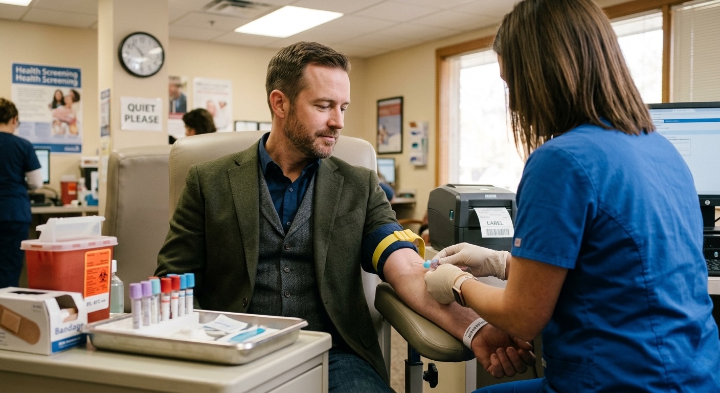 Colin Casillas getting blood drawn at a health screening clinic, wearing a sport coat, calm and deliberate.