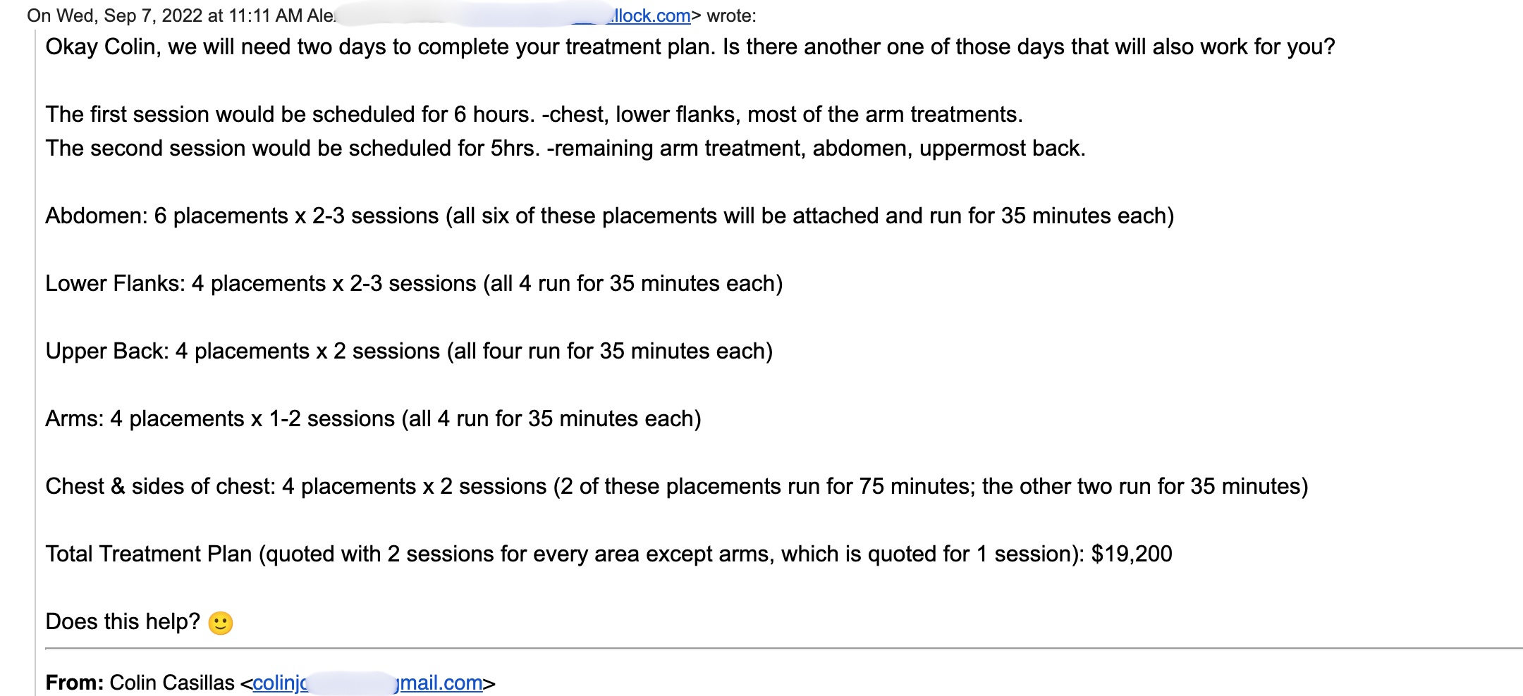 Screenshot of a $19,200 CoolSculpting treatment plan email sent to Colin Casillas in September 2022
