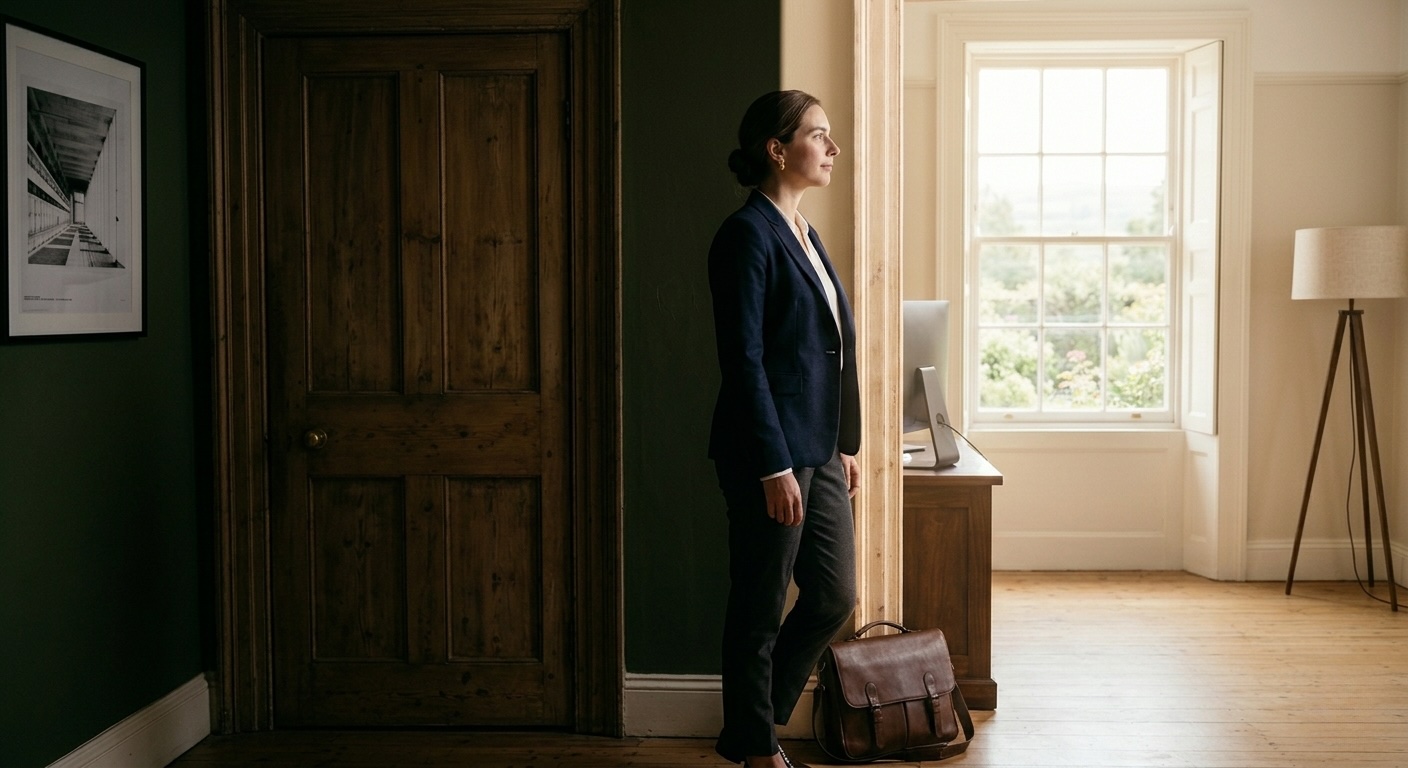 A professional woman in a navy blazer pausing at a doorway, looking toward the light, briefcase in hand.